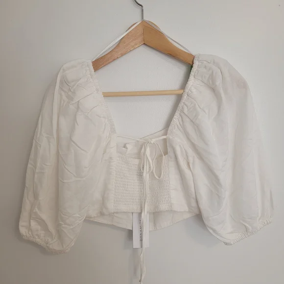 NWT Dynamite Nya Blouse White Puff Sleeve Square Neck Crop Top Linen Cotton XS - Picture 4 of 8
